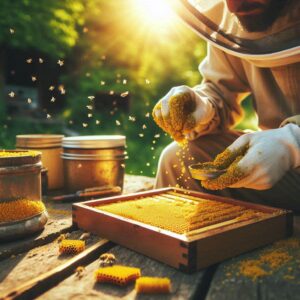 Beekeeper collecting bee pollen using a hive entrance trap to preserve nutrients and enzymes.