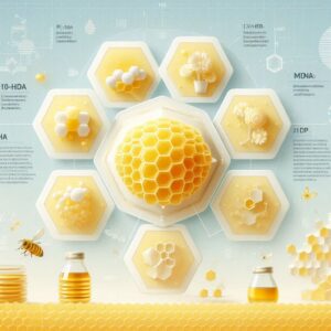 Diagram of royal jelly compounds including 10-HDA and major royal jelly proteins