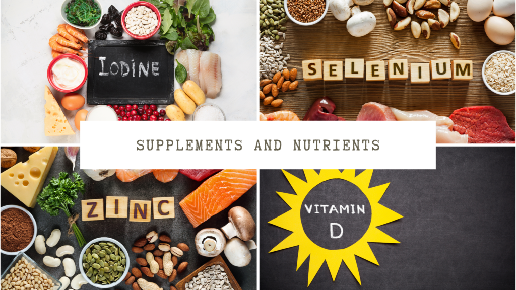 Various supplements and nutrients that support thyroid health, including iodine, zinc, selenium, and Vitamin D, arranged on a white background.