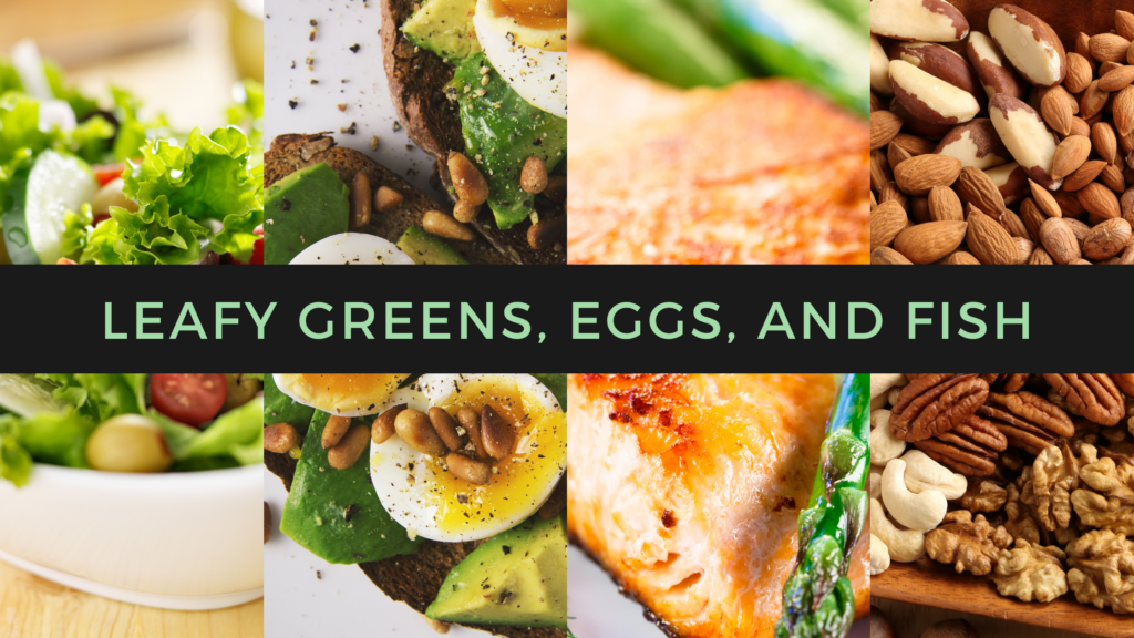 A variety of healthy foods recommended for a hypothyroidism diet, including leafy greens, eggs, and fish. These nutrient-dense foods provide essential nutrients for thyroid health and weight management.