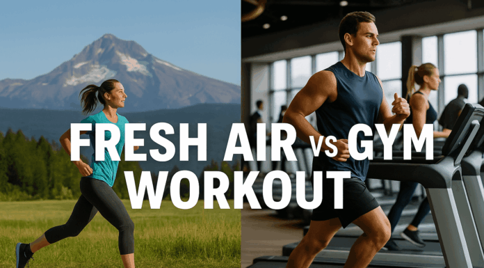 Outdoor HIIT Sprints vs Gym Treadmill HIIT: Which Delivers Better Results? woman running outdoors vs man on treadmill in gym – fresh air vs gym workout concept