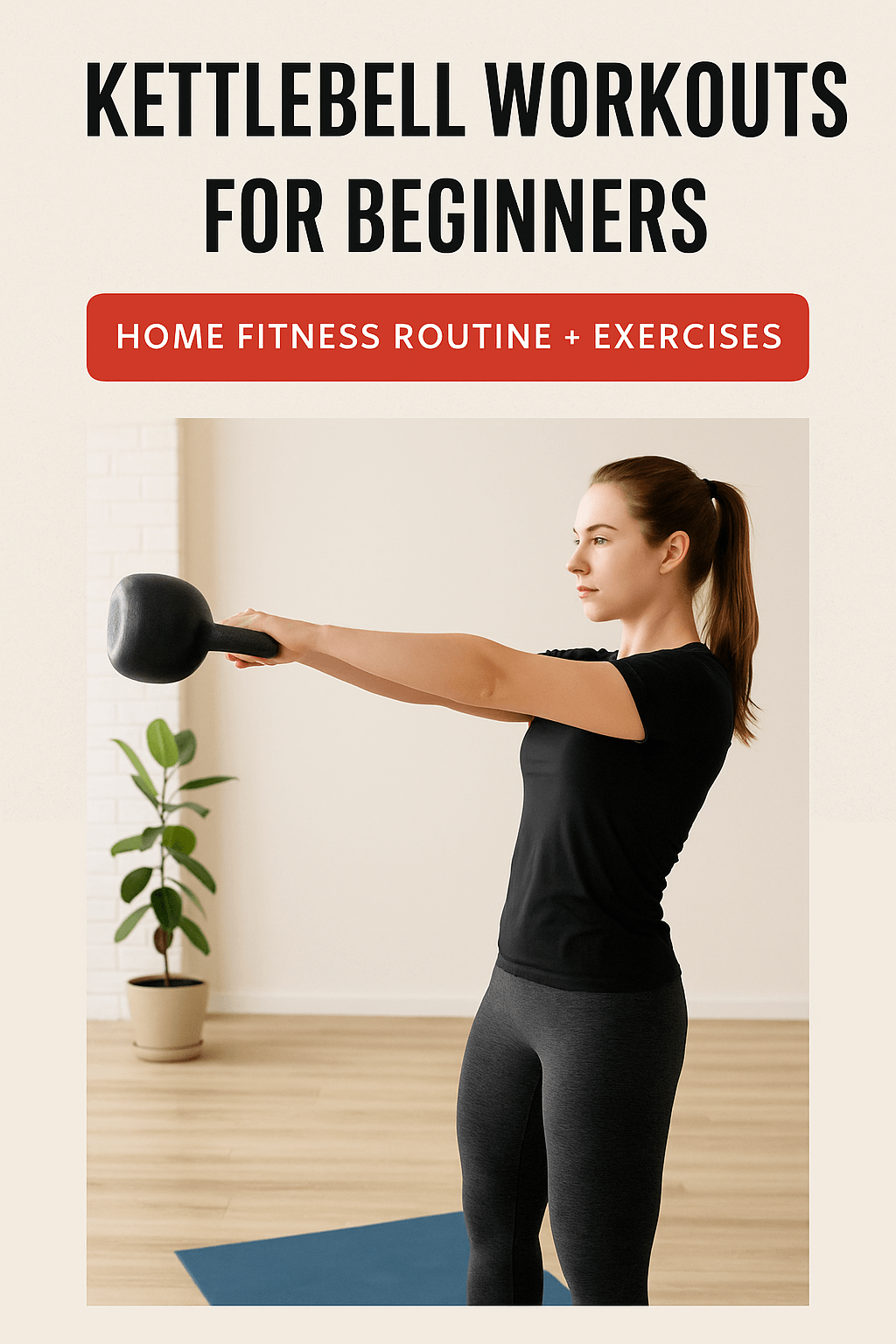 kettlebell-workouts-for-beginners-featured Woman doing kettlebell swing in home workout for beginners