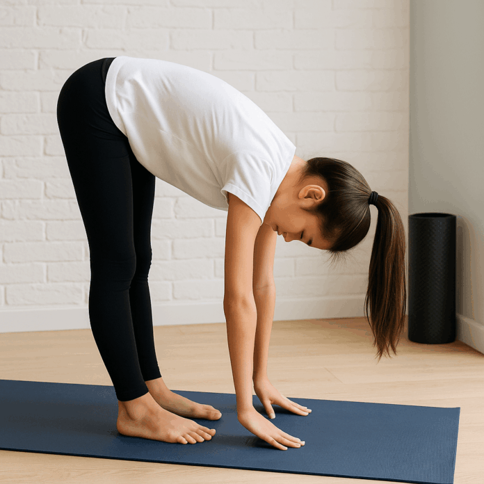 pre-sat-stretch-featured Teen girl doing a forward fold stretch on a yoga mat before the SAT exam