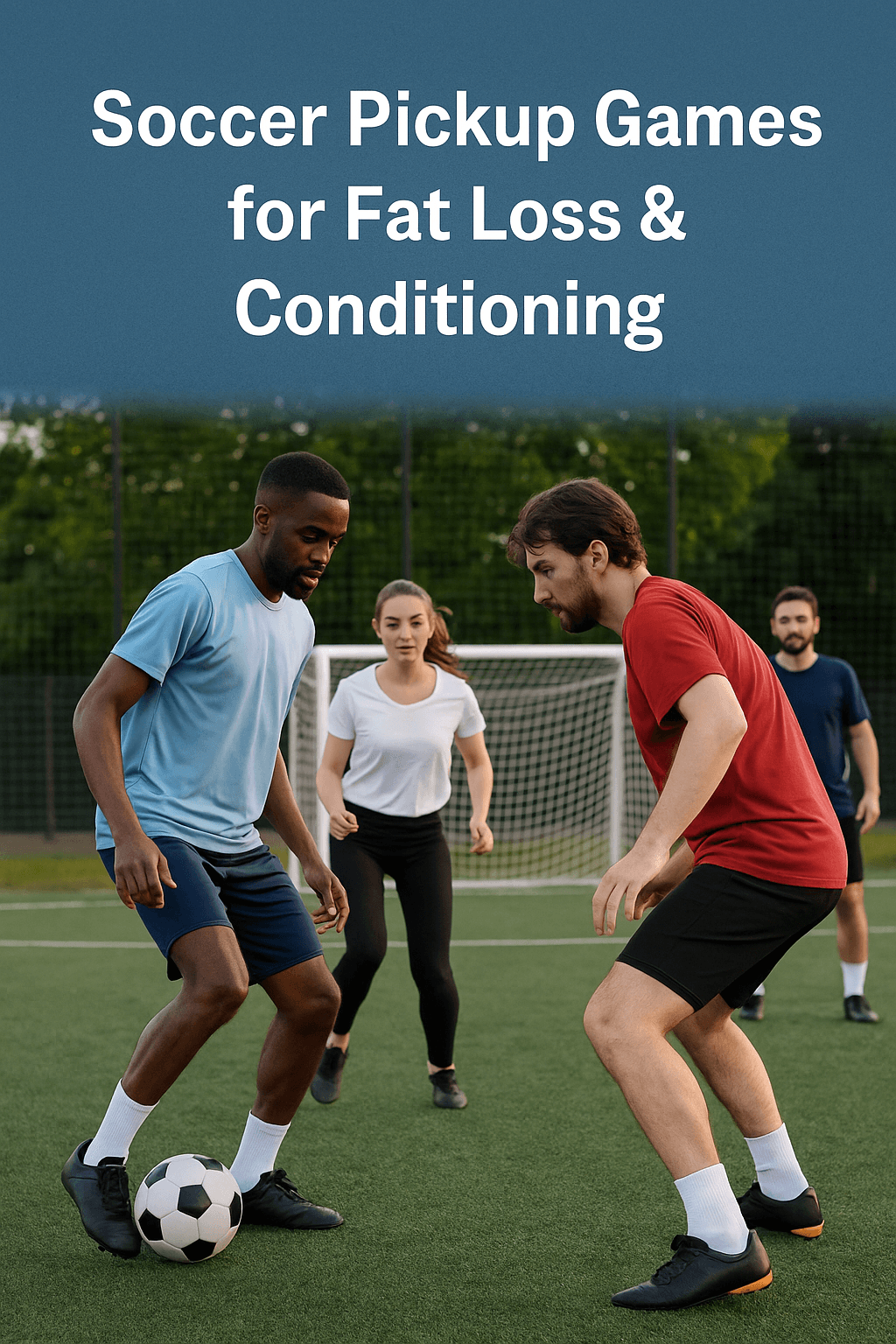 Four people playing a soccer pickup game to improve conditioning and lose fat