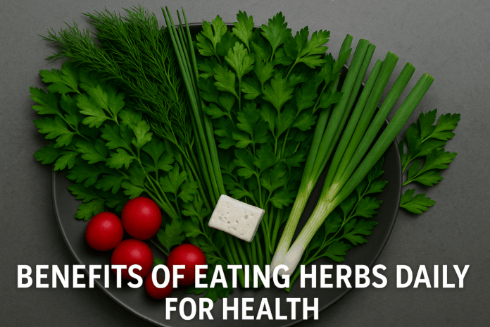 herb-health-benefits-fresh-salad Fresh herb platter with mint, parsley, and basil served Mediterranean style