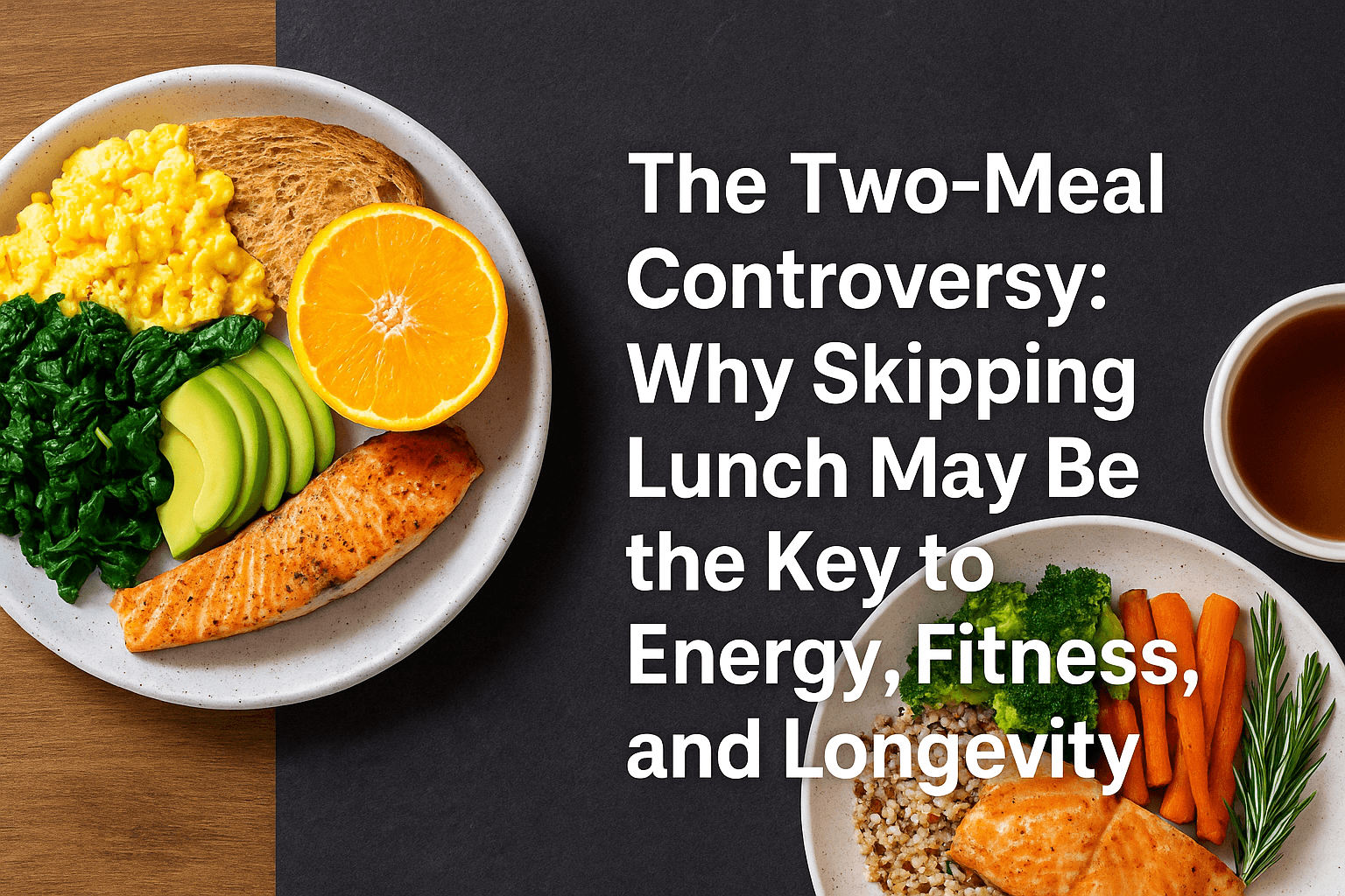 Is Eating Twice a Day Healthy? Experts Say Yes | Exercise Daily A top-down view of a healthy breakfast and dinner with salmon, greens, avocado, and text overlay reading “The Two-Meal Controversy: Why Skipping Lunch May Be the Key to Energy, Fitness, and Longevity”.