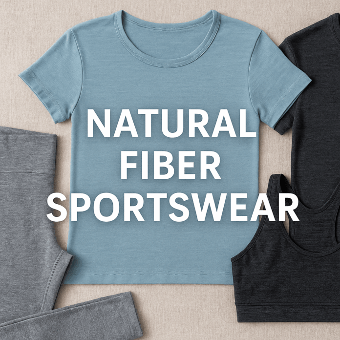 polyester-vs-cotton-gym-clothes Flat lay of organic cotton leggings, merino wool T-shirts, and a sports bra on a beige background with text "Natural Fiber Sportswear"