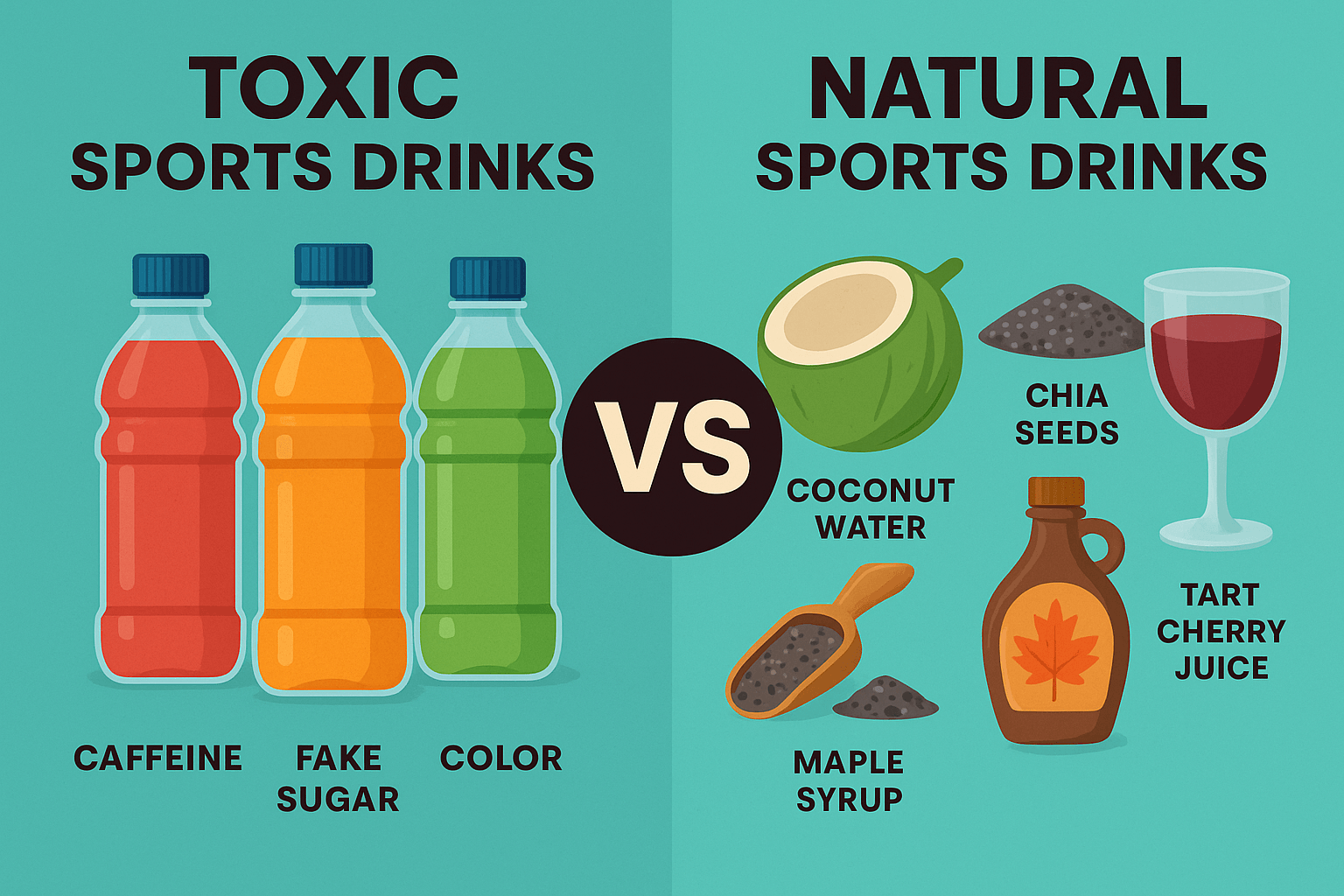 Toxic Sports Drinks Compared to Natural Recovery Options Toxic vs. Natural Sports Drinks - Side-by-side comparison of artificial vs. clean hydration options