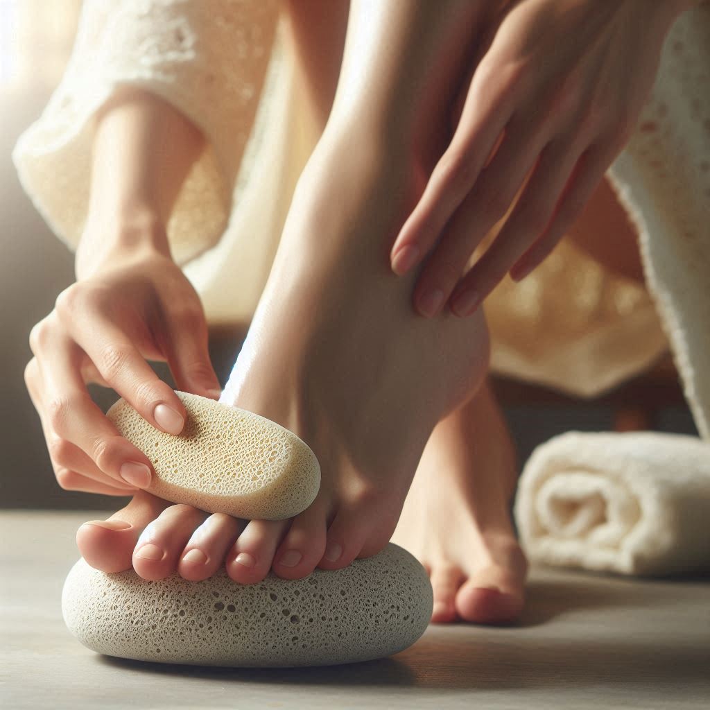Close-up of a pumice stone scrubbing cracked heel safely in a spa setting