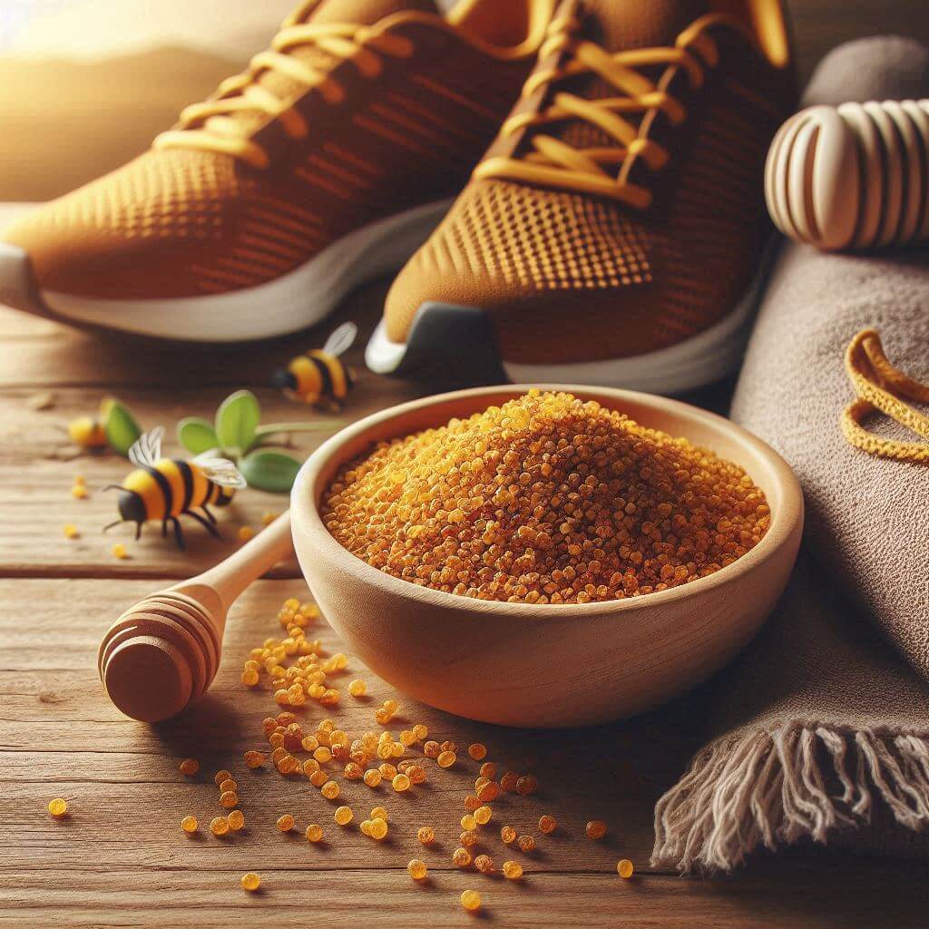 Raw bee pollen granules in a wooden bowl beside running shoes — natural pre-workout for athletes.