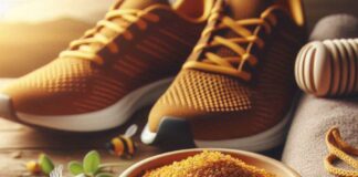 Raw Bee Pollen Supplement for Athletes | Exercise Daily Raw bee pollen granules in a wooden bowl beside running shoes — natural pre-workout for athletes.