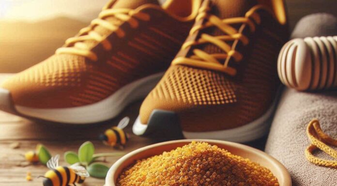 Raw Bee Pollen Supplement for Athletes | Exercise Daily Raw bee pollen granules in a wooden bowl beside running shoes — natural pre-workout for athletes.